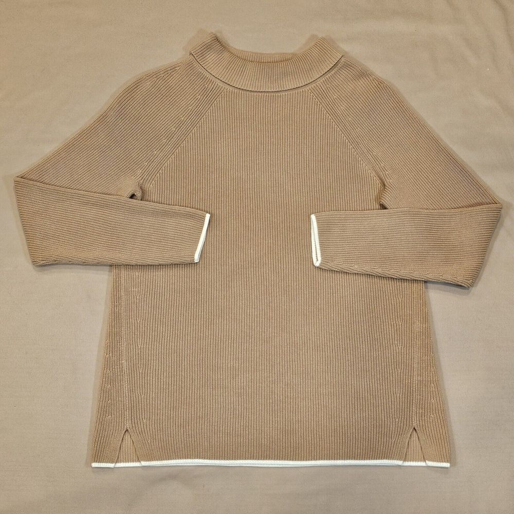 Talbots Sweater Womens Tan/White‎ Pima Cotton Ribbed Knit Long Sleeve Casual Sml